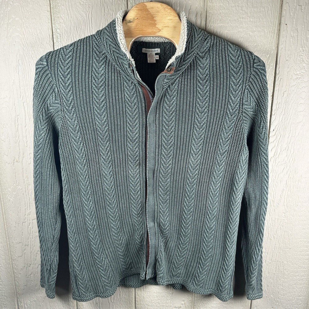 Carbon 2 Cobalt Timberline Cable Knit Sweater Jacket Mens Sz XL Green Zip 155171